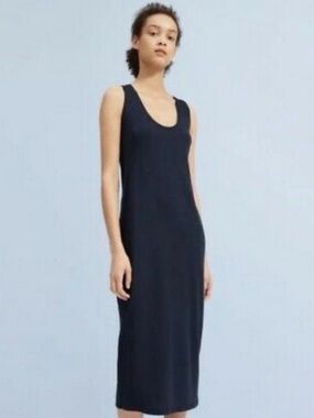 Everlane 100% cotton navy blue sleeveless scoop neck shin length midi dress